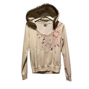 Roxy Sweatshirt Pullover faux fur hood Size Small beachy surfer casual‎ winter